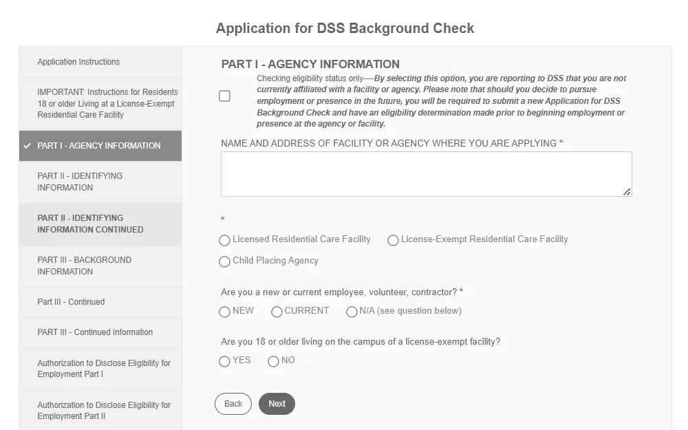 A screenshot of the Online Application for DSS Background Check, provided by the Missouri Department of Social Services, displays the Part 1: Agency Information fields.