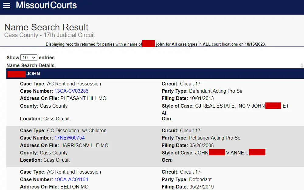 A screenshot of the name search results from the Missouri Courts page displays a list of cases, including the offender's name, case type, case number, and address. 