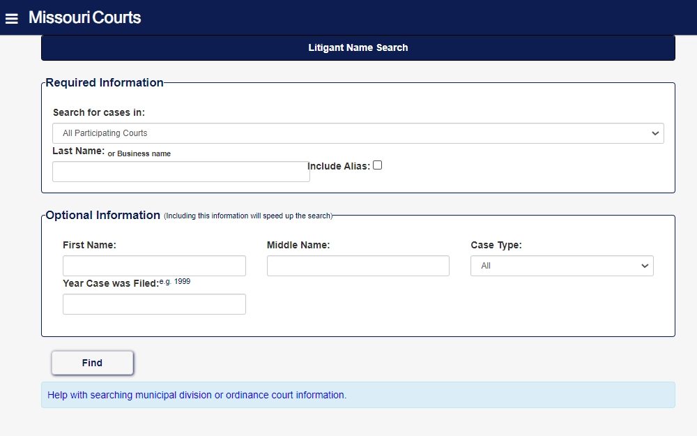 A screenshot of the litigant name search page on the Missouri Courts website requires the user to select which court and input the subject's last name to search for document/information; the search can be further refined by providing optional information for a more precise result.