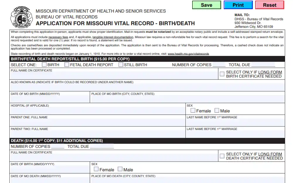 A screenshot of the 'Application for Missouri Birth/Death Form' from the State's Department of Health and Senior Services page requires the requester to complete the required fields for the type of document requested.
