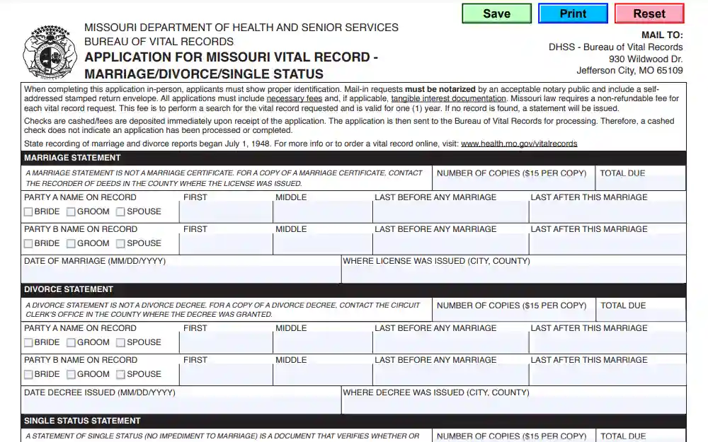 A screenshot of the 'Application for Missouri Marriage/Divorce/Single Status Form' from the State's Department of Health and Senior Services page requires the requester to complete the required fields for the type of document requested.