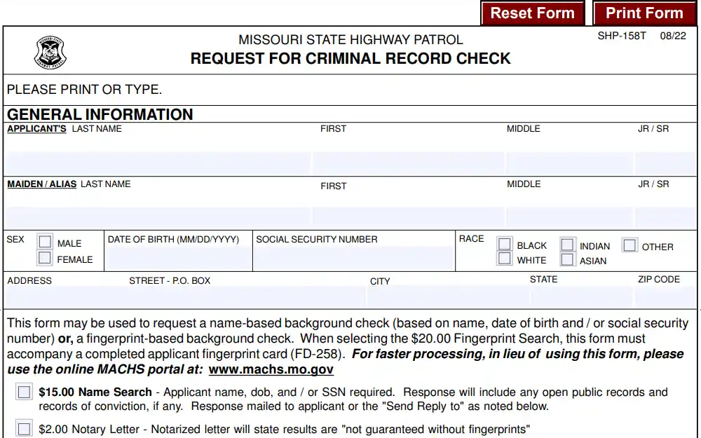 A screenshot of the 'Request for Criminal Record Check Form' from the Missouri State Highway Patrol page requires the requester to complete information under the 'General Information' field; the corresponding fee is also visible.