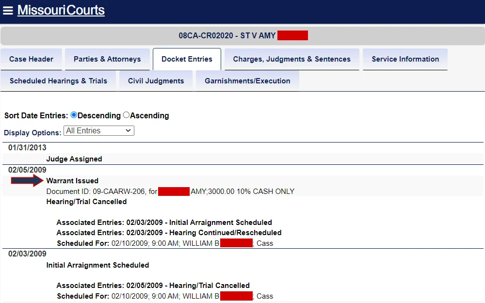 Screenshot of a docket entry taken from a search result for criminal cases from the Missouri Courts Judicial Branch, showing the information of the warrant issued to the individual.