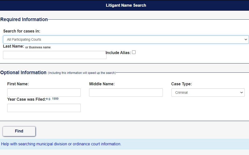 Screenshot of the unified case search from Missouri Courts Judicial Branch, displaying the fields for name, date, location, and case type.