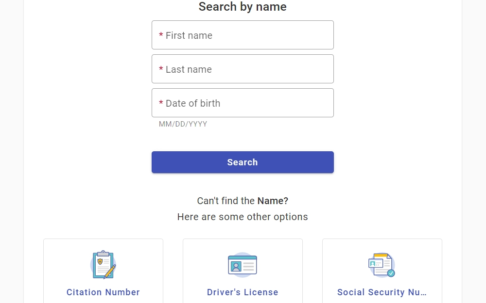 Screenshot of the search by name feature provided by the Raymore Municipal Court, requiring both the full name and birthdate.